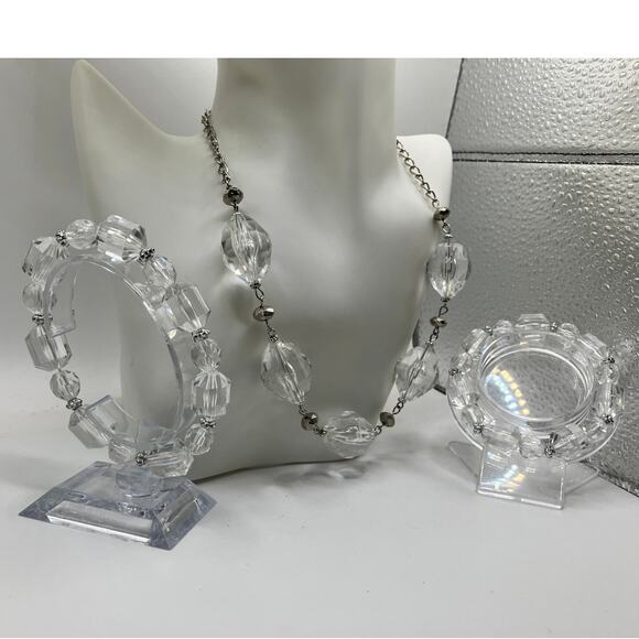 Clear Beaded Crystal Silver-Tone Spacers Necklace & 2 Bracelets Set! - Picture 7 of 13